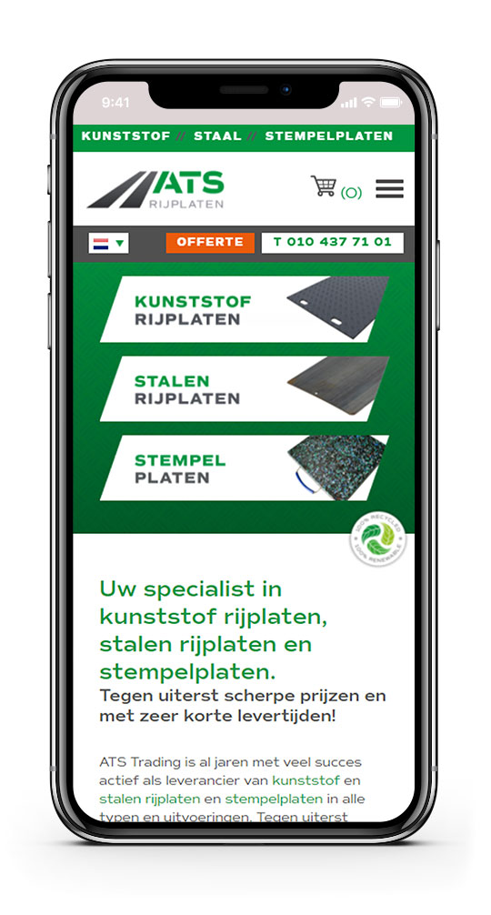 De homepage van ATS Rijplaten op een iPhone