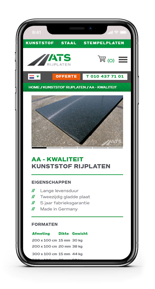 Een productpagina van ATS Rijplaten op een iPhone