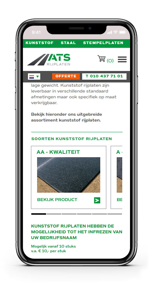 Een overzichtpagina van ATS Rijplaten op een iPhone.