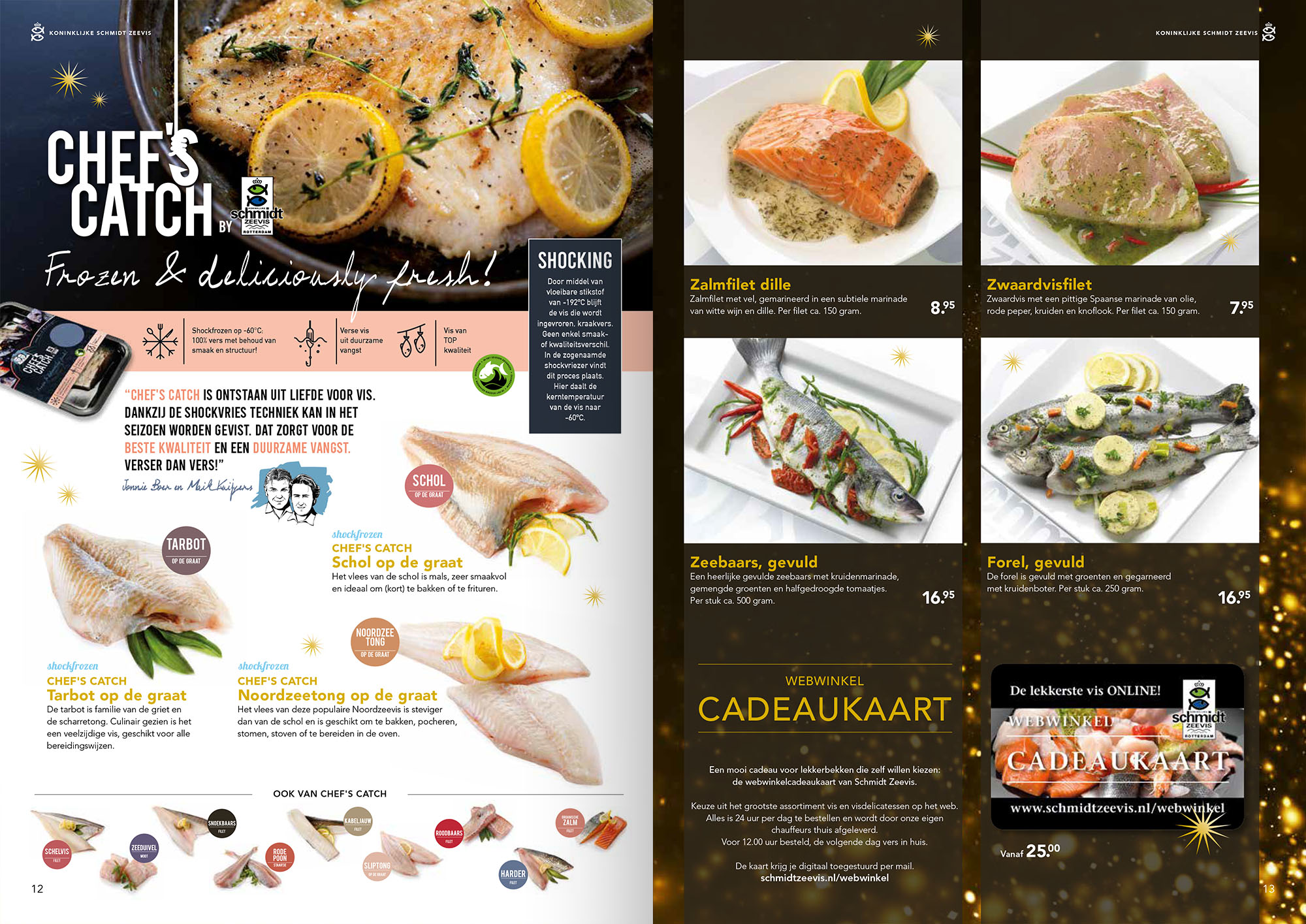 De schmidt zeevis kerstbrochure opengeslagen op pagina 12 en 13