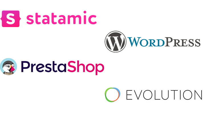 Logo's van de CMS systemen statamic, wordpress, prestashop en evolution.